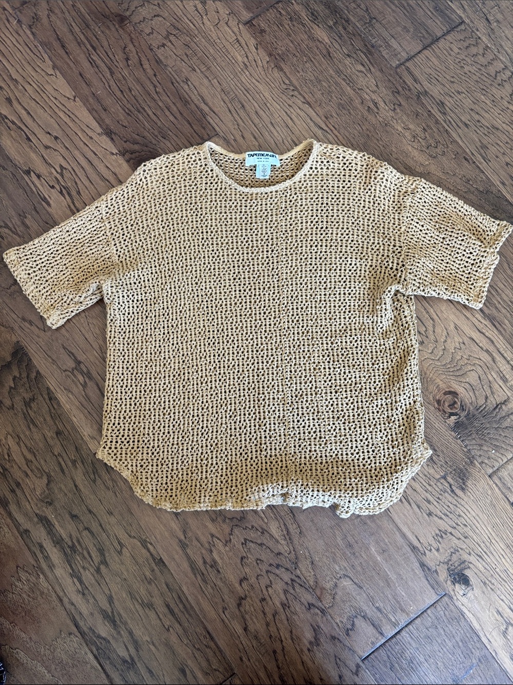 Vintage Open Knit Crochet Sweater Tee -- Neutral Beige Short Sleeve